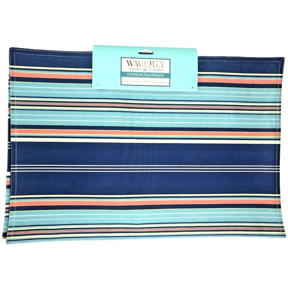 Waverly Placemats Blue Striped Fabric Indoor Outdoor Beach Summer Set of 4
